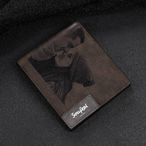 Men's Bifold Custom Inscription Photo Engraved Wallet - Coffee Leather