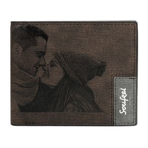 Men's Bifold Custom Inscription Photo Engraved Wallet - Coffee Leather