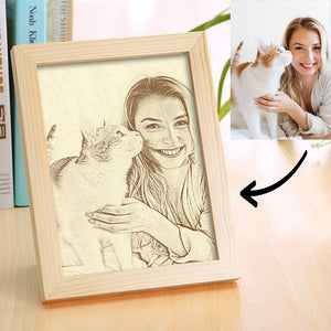 Personalised Cute Pet Photo Frame Wooden Home Decoration Sketch Effect 10 Inches